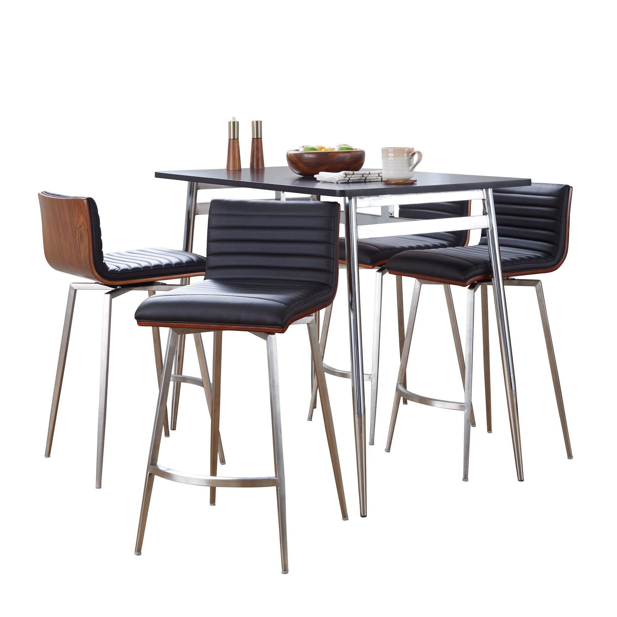 Marcel-mason Swivel Counter Height Dining Set - 5 Piece - Chrome Metal, Black Wood, Walnut Wood, Black PU, Stainless Steel