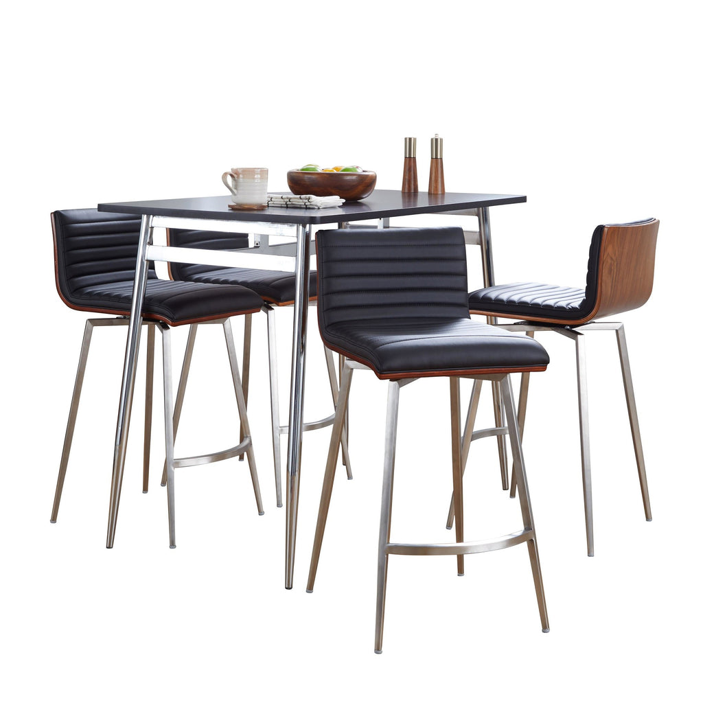 Marcel-mason Swivel Counter Height Dining Set - 5 Piece - Chrome Metal, Black Wood, Walnut Wood, Black PU, Stainless Steel