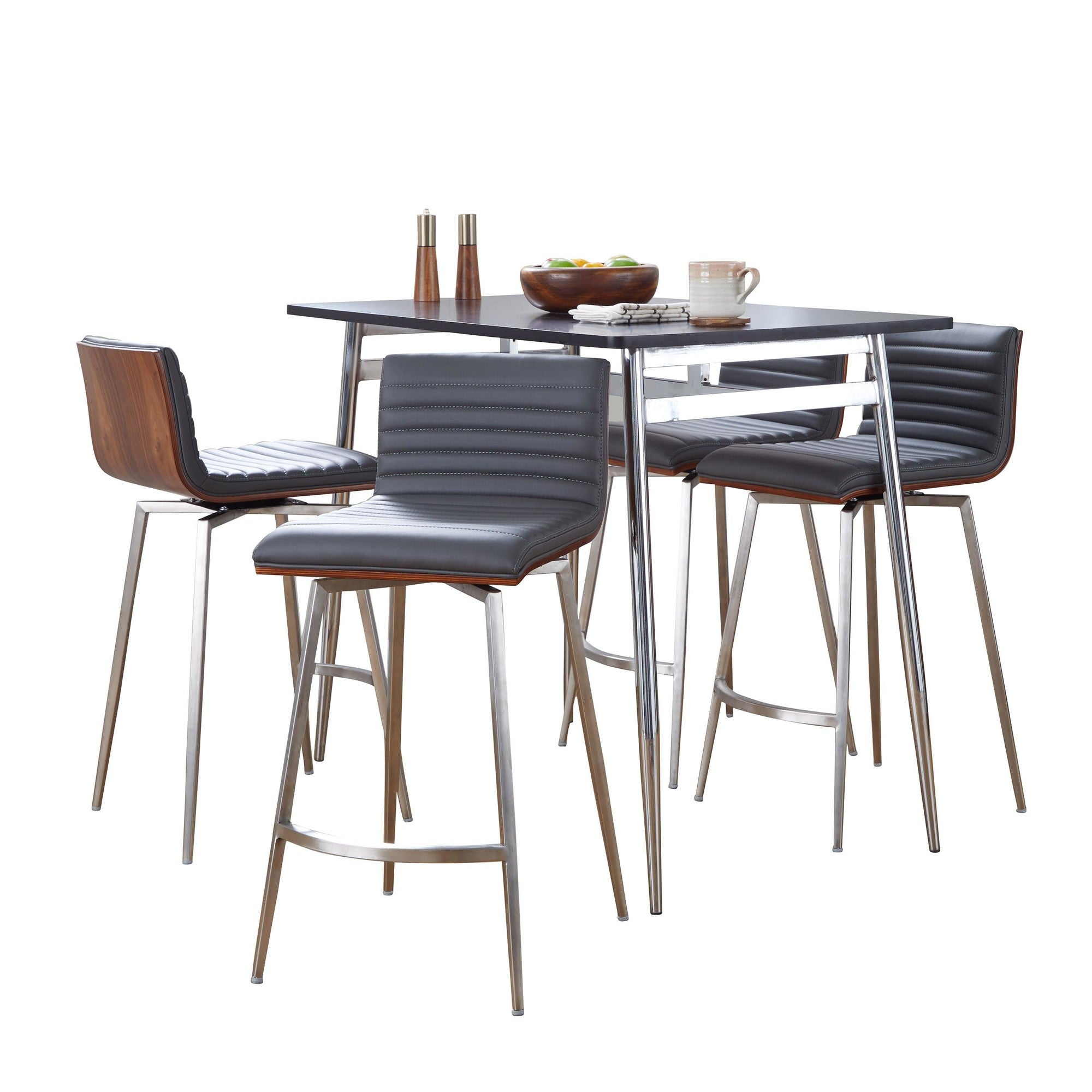 Marcel-mason Swivel Counter Height Dining Set - 5 Piece - Chrome Metal, Black Wood, Walnut Wood, Grey PU, Stainless Steel