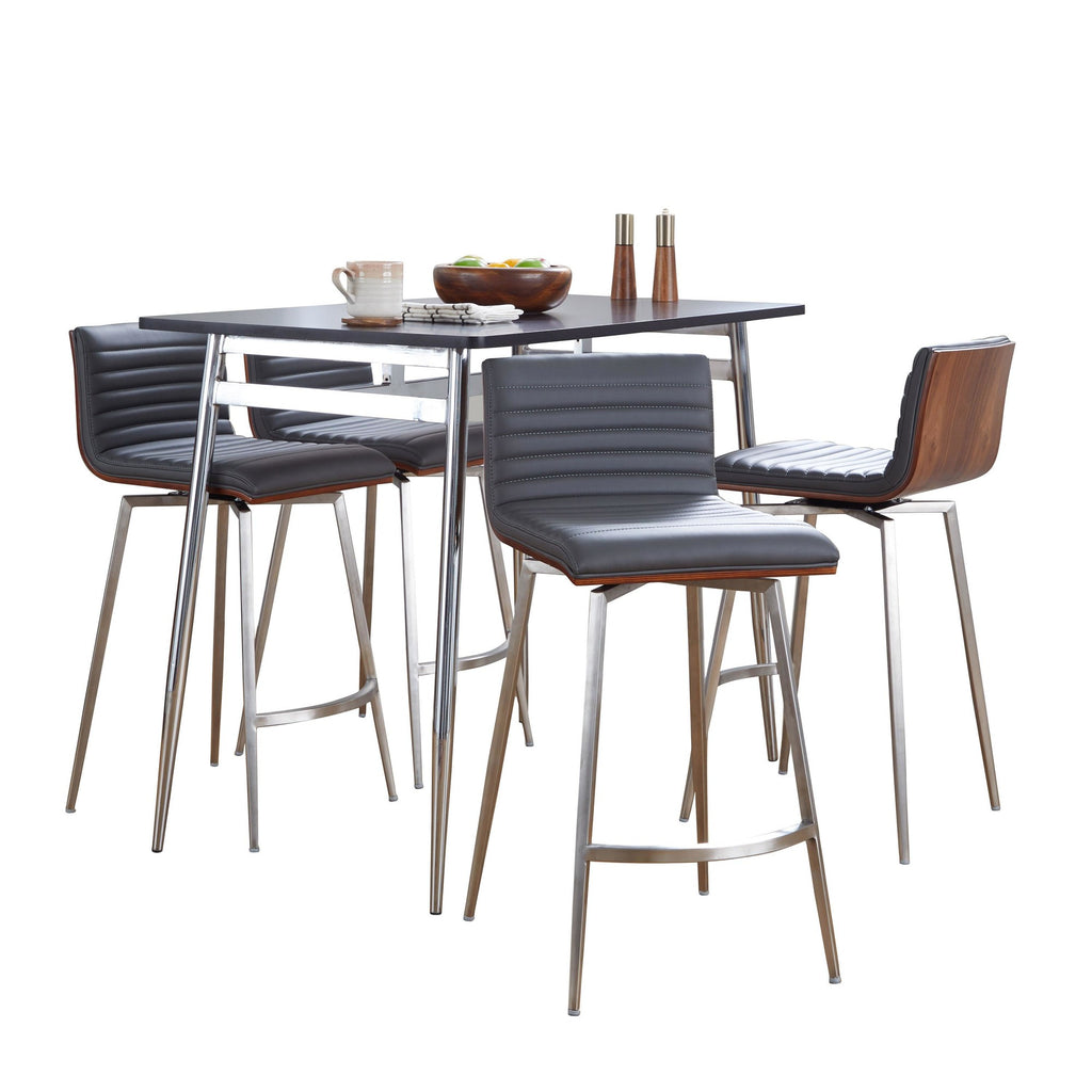 Marcel-mason Swivel Counter Height Dining Set - 5 Piece - Chrome Metal, Black Wood, Walnut Wood, Grey PU, Stainless Steel