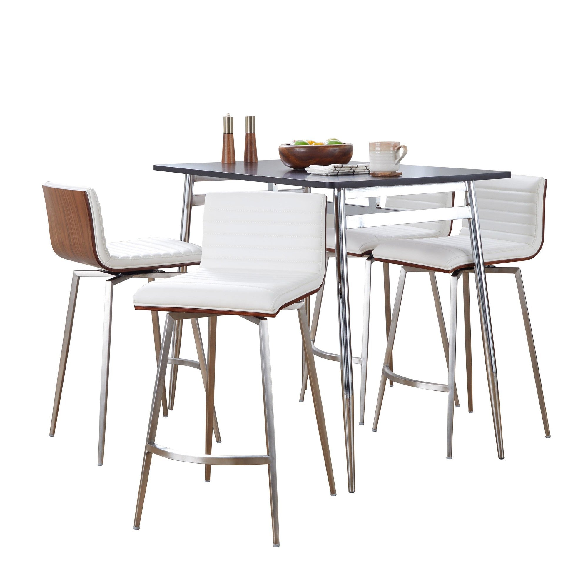 Marcel-mason Swivel Counter Height Dining Set - 5 Piece - Chrome Metal, Black Wood, Walnut Wood, White PU, Stainless Steel