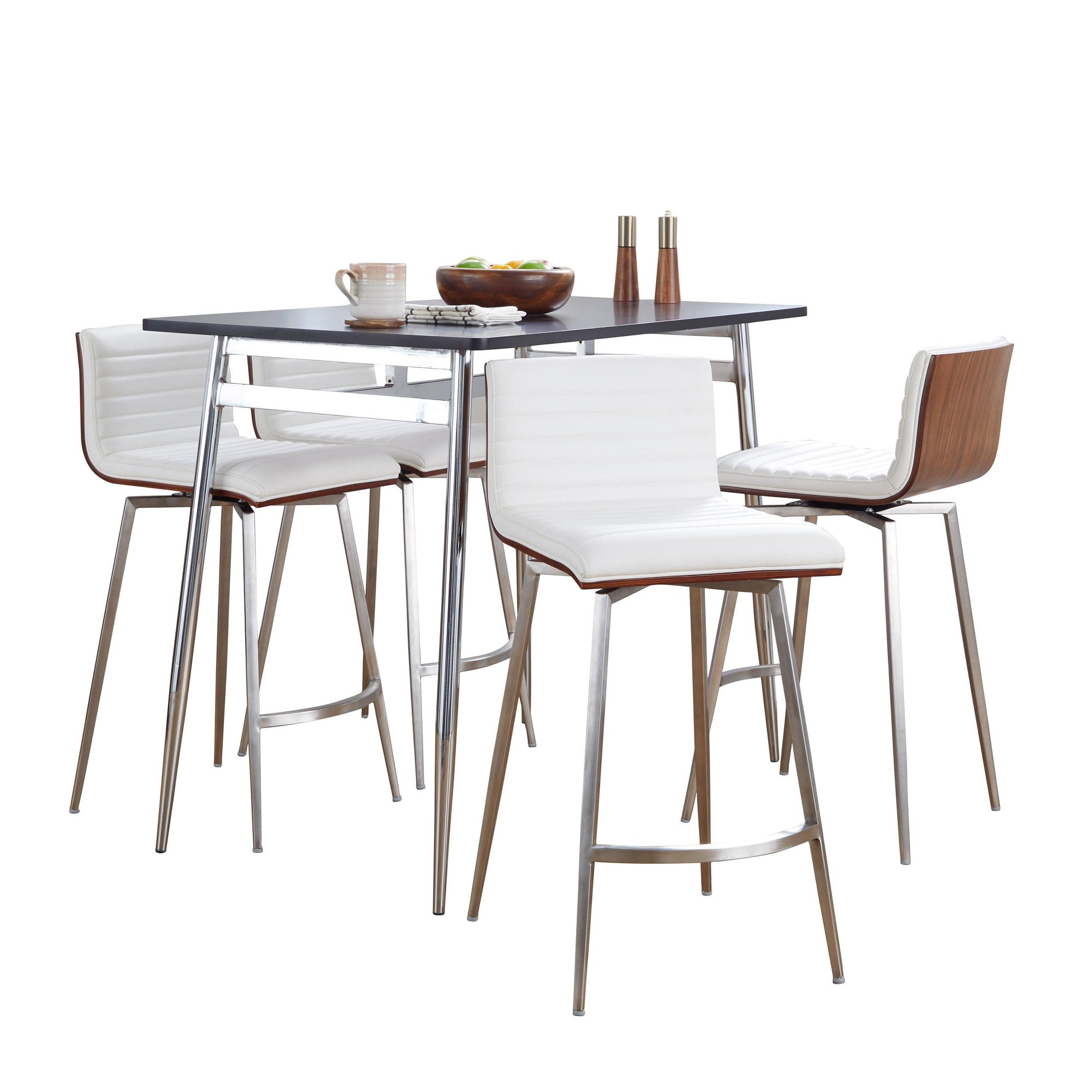 Marcel-mason Swivel Counter Height Dining Set - 5 Piece - Chrome Metal, Black Wood, Walnut Wood, White PU, Stainless Steel