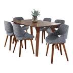 Folia Fabrico Dining Set - 7 Piece - Walnut Wood, Grey Noise Fabric