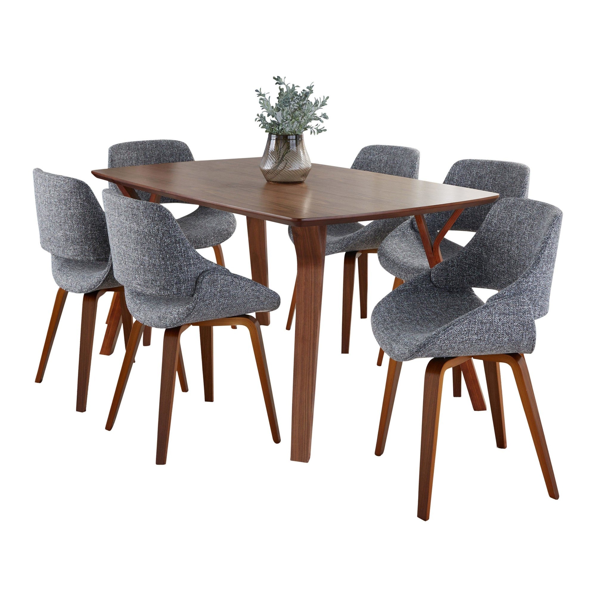 Folia Fabrico Dining Set - 7 Piece - Walnut Wood, Grey Noise Fabric
