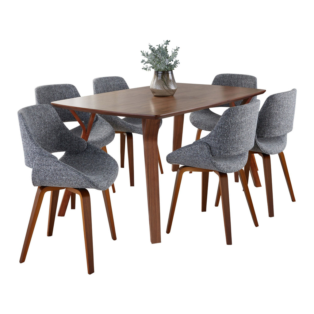 Folia Fabrico Dining Set - 7 Piece - Walnut Wood, Grey Noise Fabric