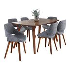 Folia Fabrico Dining Set - 7 Piece - Walnut Wood, Grey Noise Fabric