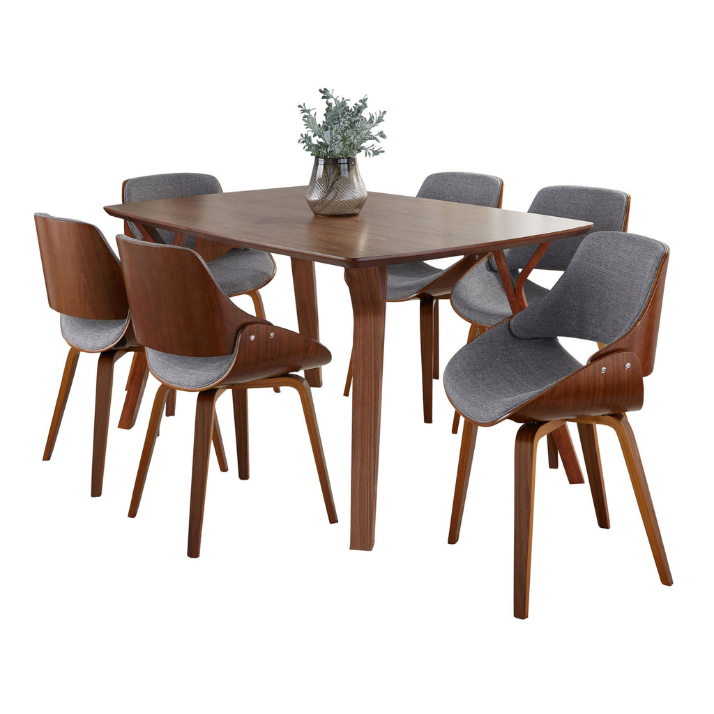Folia Fabrizzi Dining Set - 7 Piece - Walnut Wood, Grey Fabric