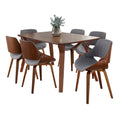 Folia Fabrizzi Dining Set - 7 Piece - Walnut Wood, Grey Fabric