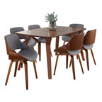 Folia Fabrizzi Dining Set - 7 Piece - Walnut Wood, Grey Fabric
