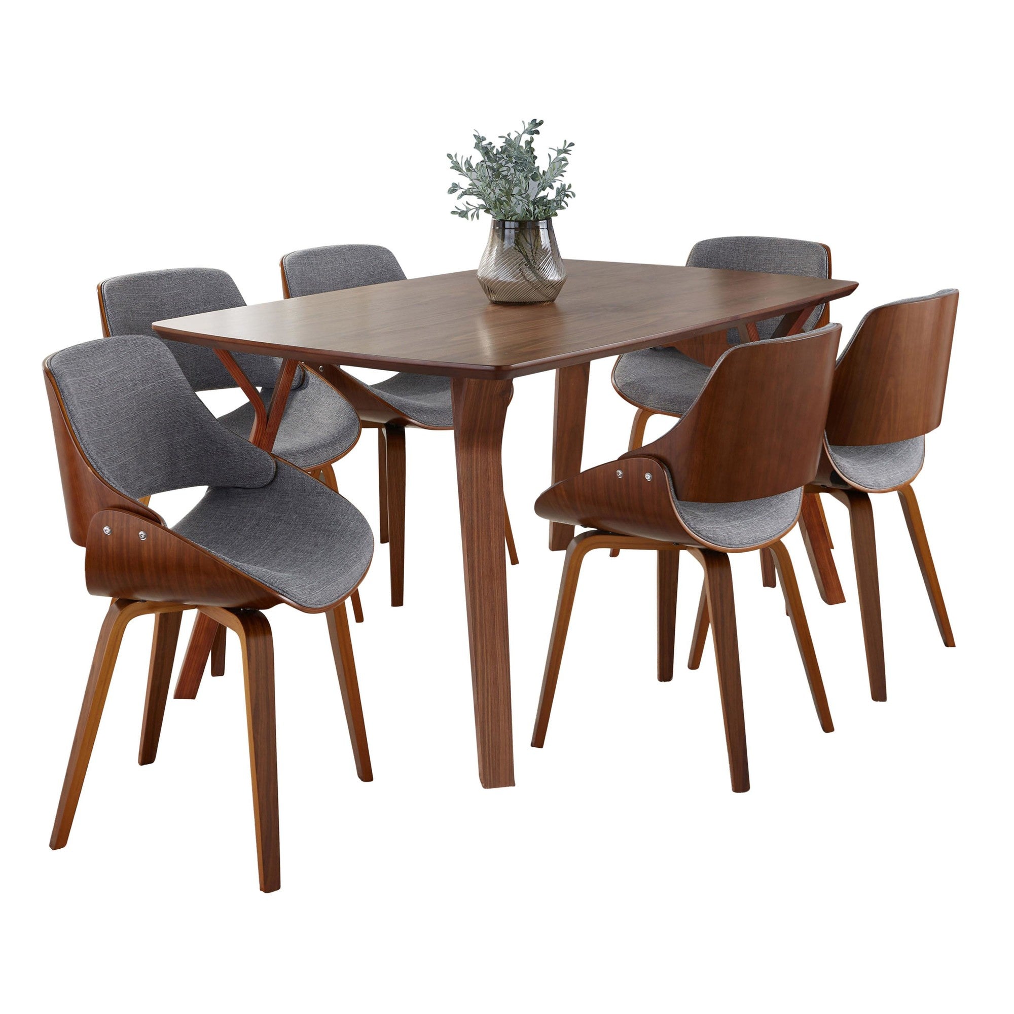 Folia Fabrizzi Dining Set - 7 Piece - Walnut Wood, Grey Fabric