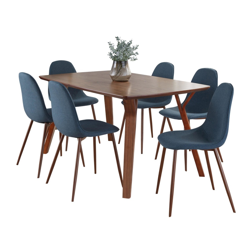 Folia Pebble Dining Set - 7 Piece - Walnut Wood, Walnut Metal, Blue Fabric