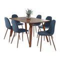 Folia Pebble Dining Set - 7 Piece - Walnut Wood, Walnut Metal, Blue Fabric