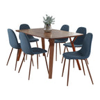 Folia Pebble Dining Set - 7 Piece - Walnut Wood, Walnut Metal, Blue Fabric