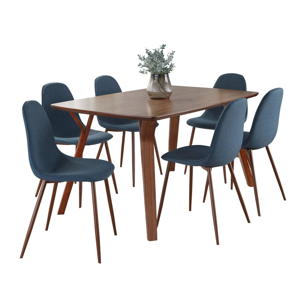 Folia Pebble Dining Set - 7 Piece - Walnut Wood, Walnut Metal, Blue Fabric