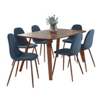 Folia Pebble Dining Set - 7 Piece - Walnut Wood, Walnut Metal, Blue Fabric