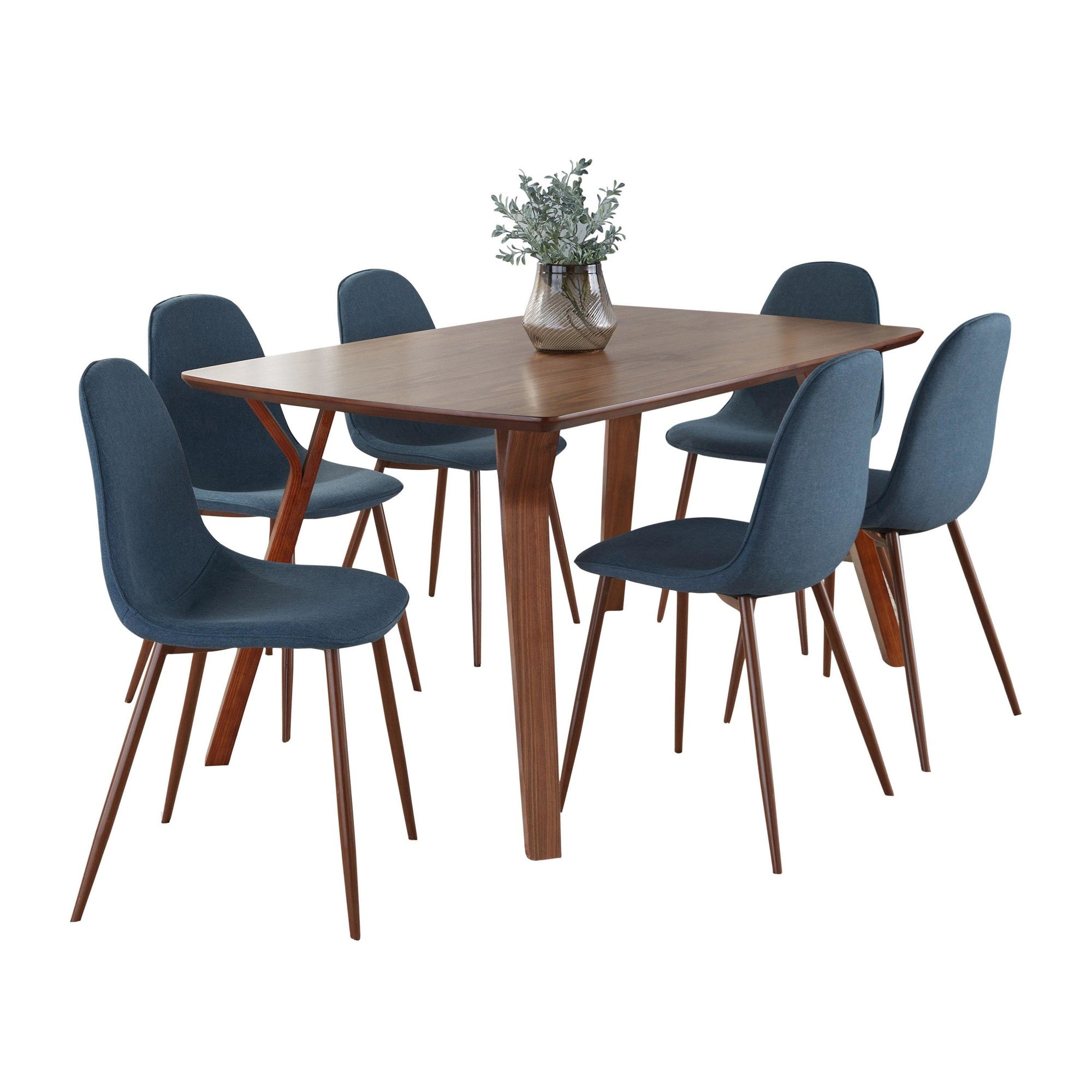 Folia Pebble Dining Set - 7 Piece - Walnut Wood, Walnut Metal, Blue Fabric