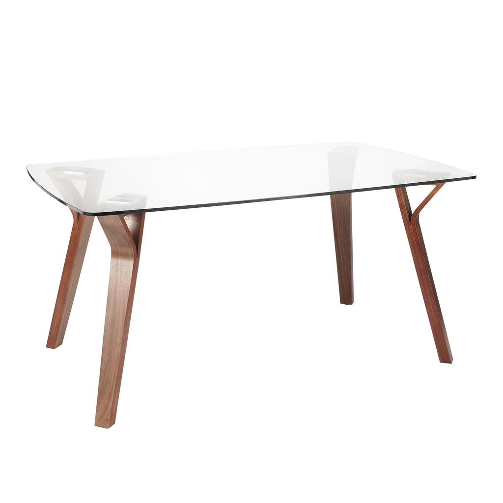 Folia Fabrico Dining Set - 7 Piece - Walnut Wood, Clear Glass, Grey Fabric