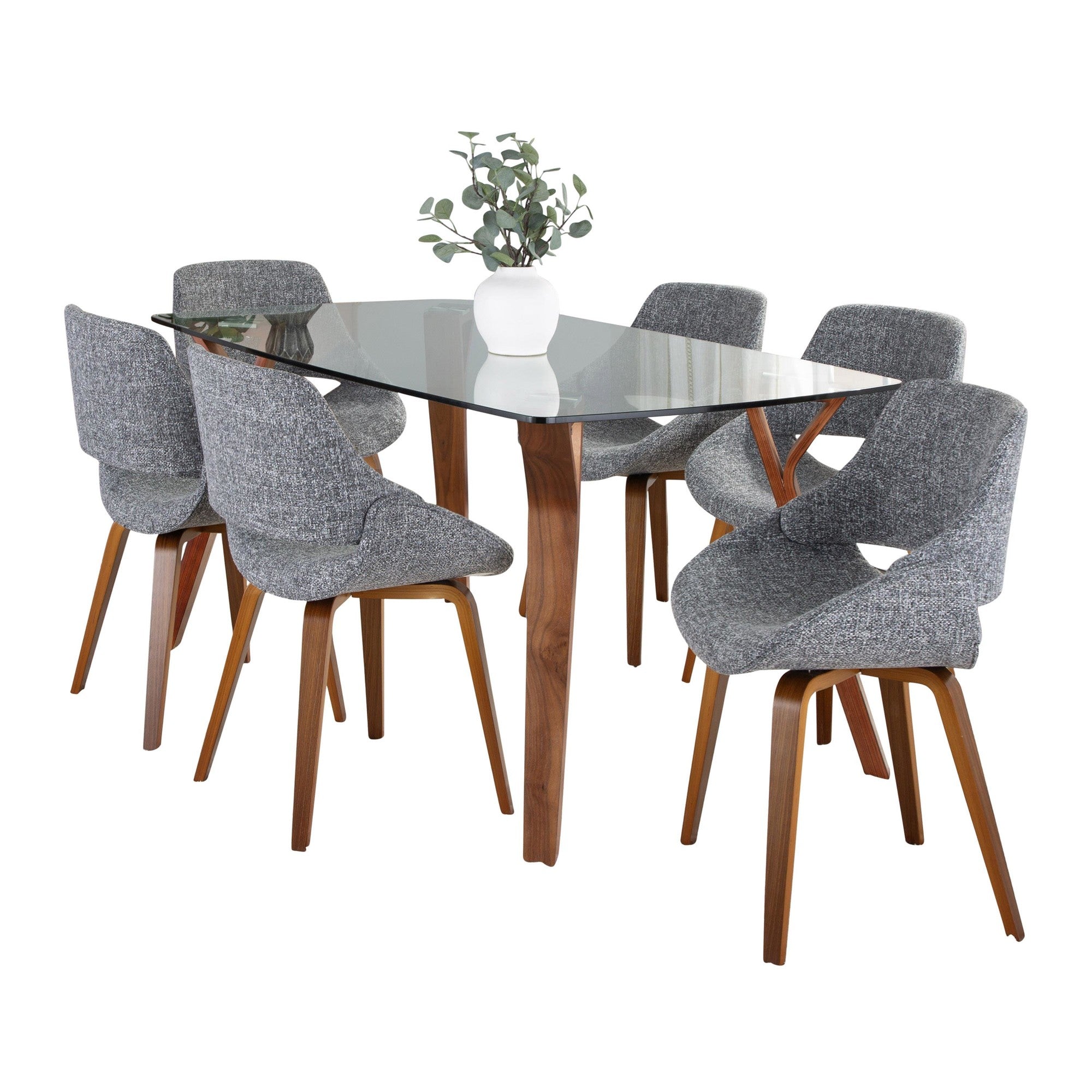 Folia Fabrico Dining Set - 7 Piece - Walnut Wood, Clear Glass, Grey Fabric