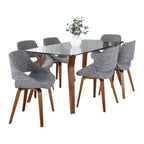 Folia Fabrico Dining Set - 7 Piece - Walnut Wood, Clear Glass, Grey Fabric