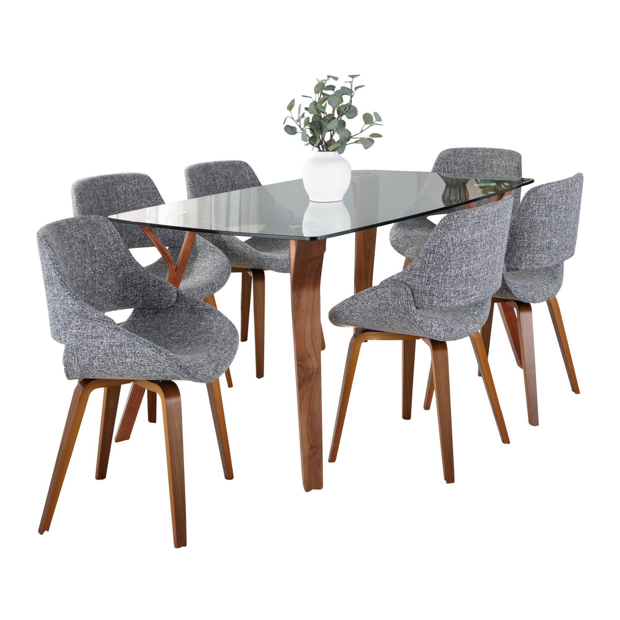 Folia Fabrico Dining Set - 7 Piece - Walnut Wood, Clear Glass, Grey Fabric