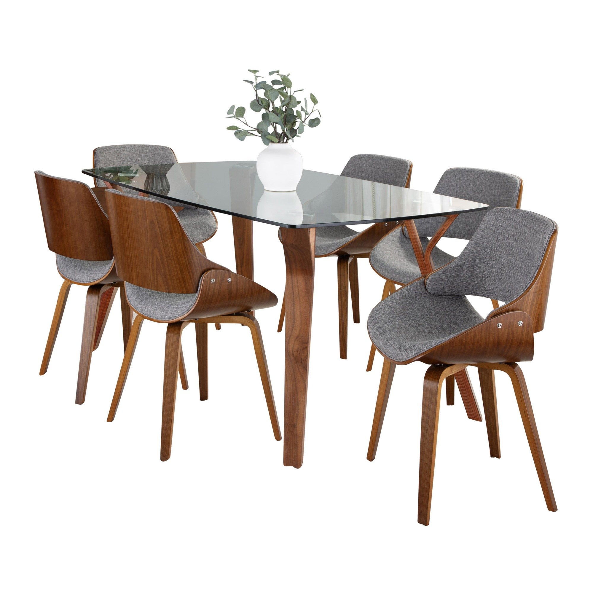 Folia Fabrizzi Dining Set - 7 Piece - Walnut Wood, Clear Glass, Grey Fabric