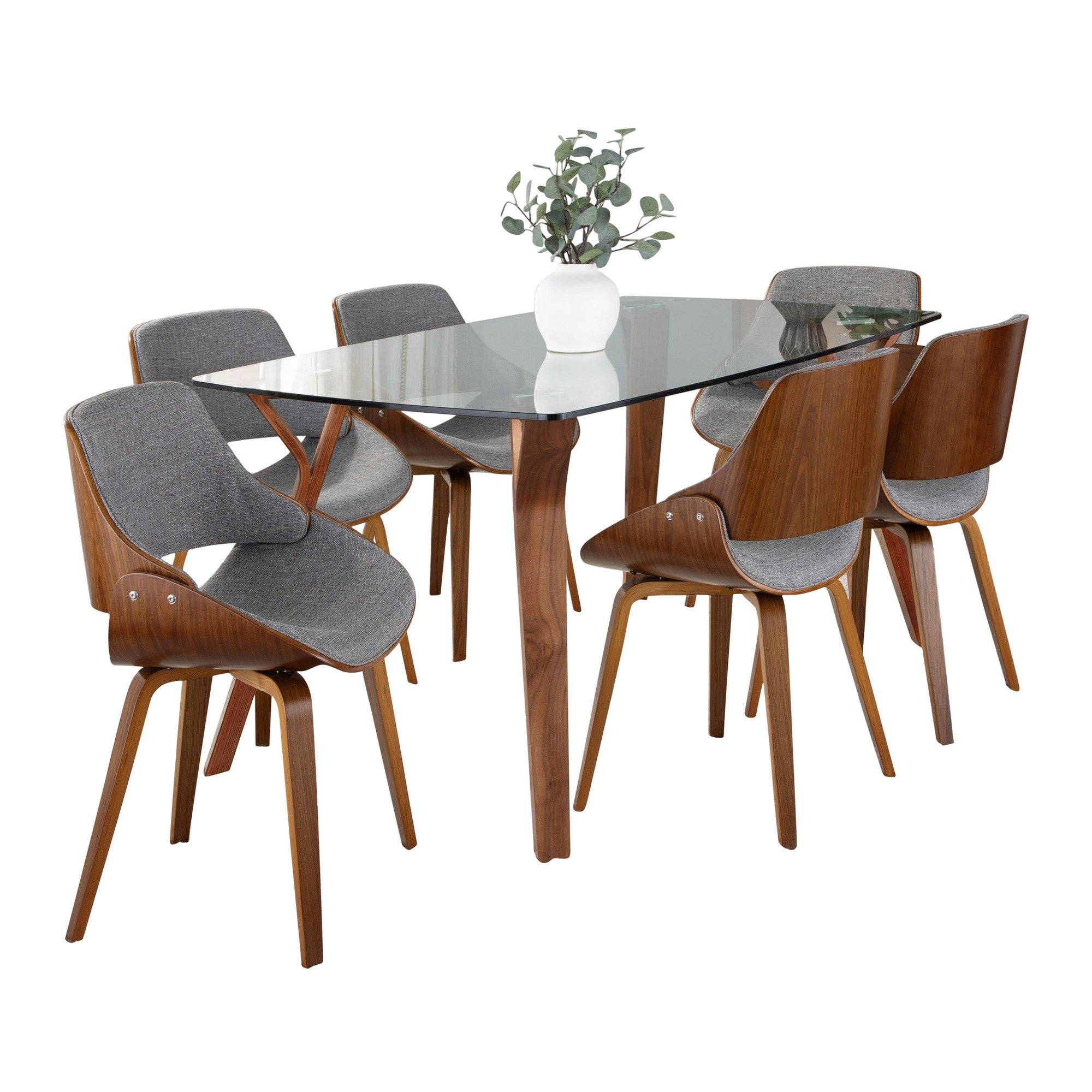 Folia Fabrizzi Dining Set - 7 Piece - Walnut Wood, Clear Glass, Grey Fabric