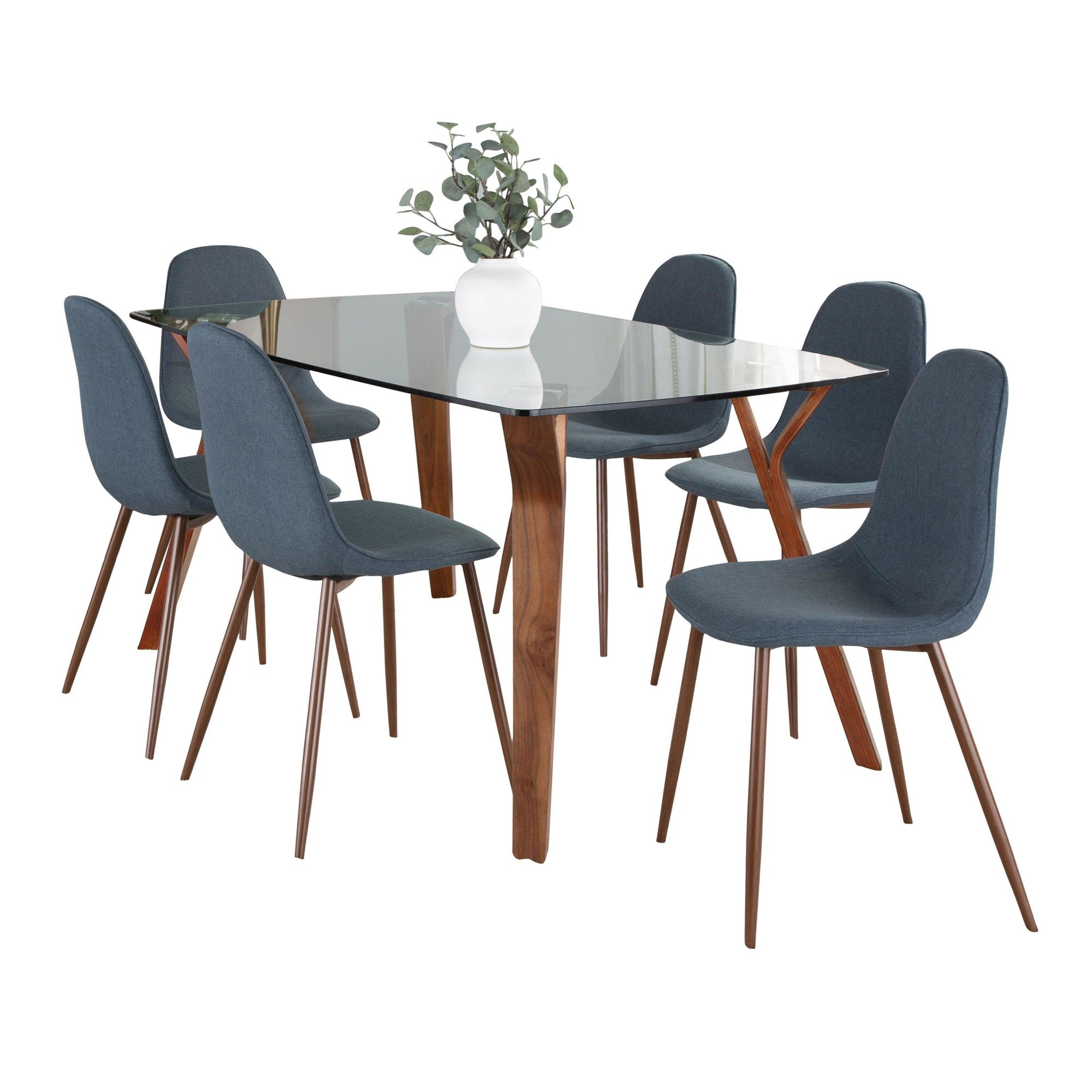 Folia Pebble Dining Set - 7 Piece - Walnut Wood, Clear Glass, Walnut Metal, Blue Fabric