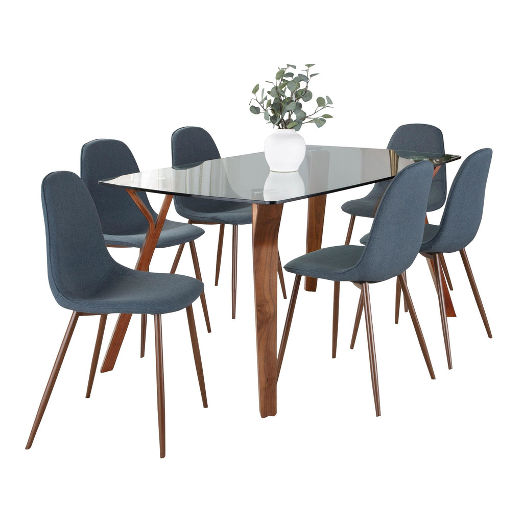 Folia Pebble Dining Set - 7 Piece - Walnut Wood, Clear Glass, Walnut Metal, Blue Fabric