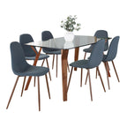 Folia Pebble Dining Set - 7 Piece - Walnut Wood, Clear Glass, Walnut Metal, Blue Fabric