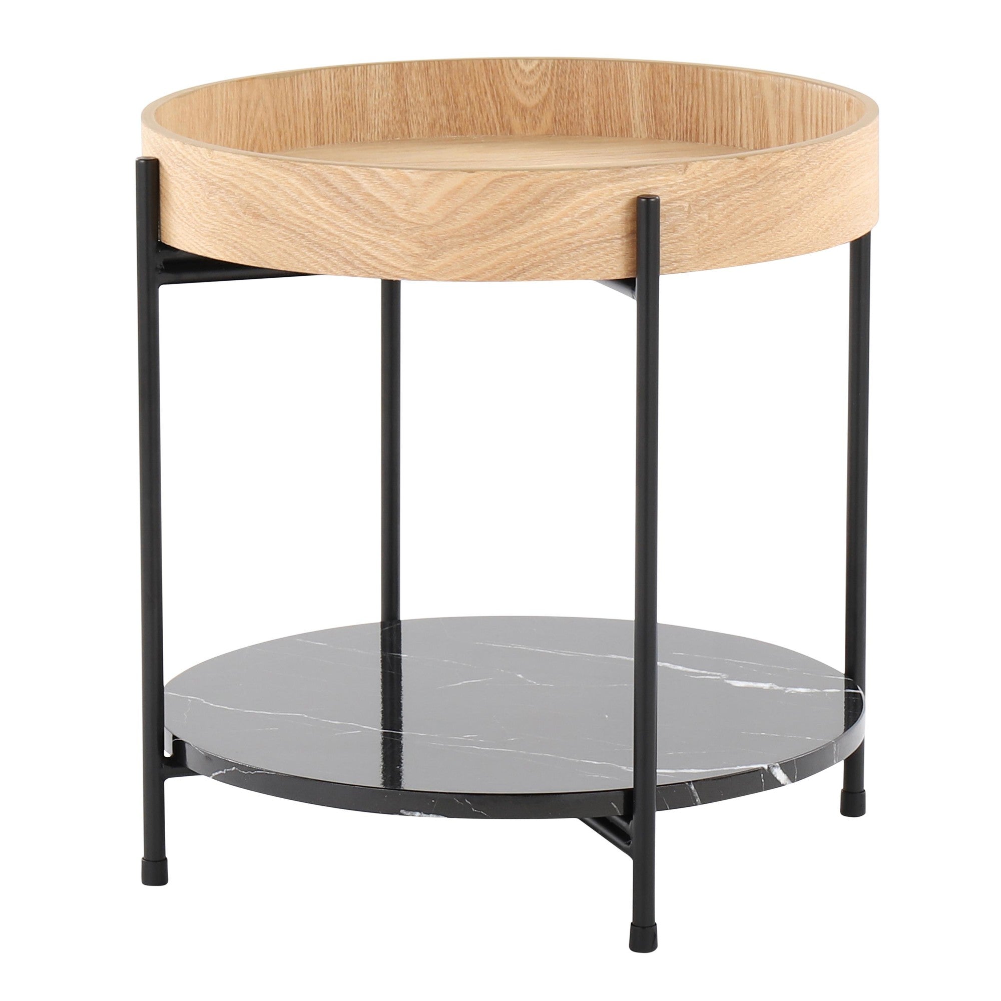Daniella End Table - Black Metal, Natural Wood, Black Marble