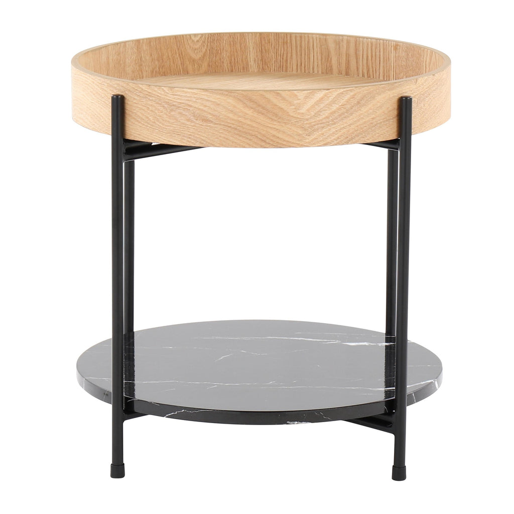 Daniella End Table - Black Metal, Natural Wood, Black Marble