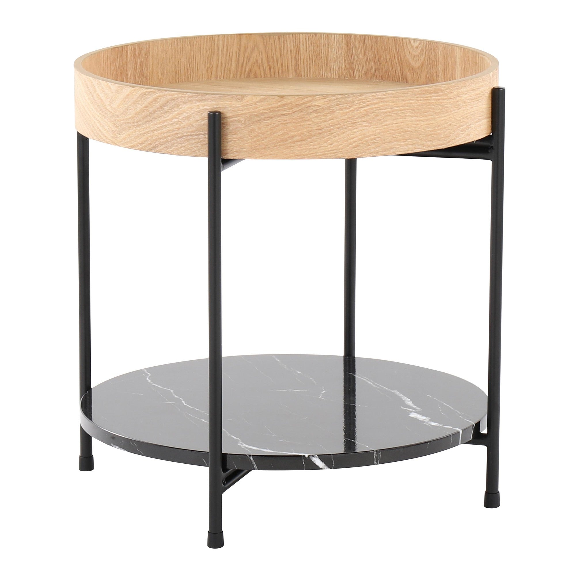 Daniella End Table - Black Metal, Natural Wood, Black Marble