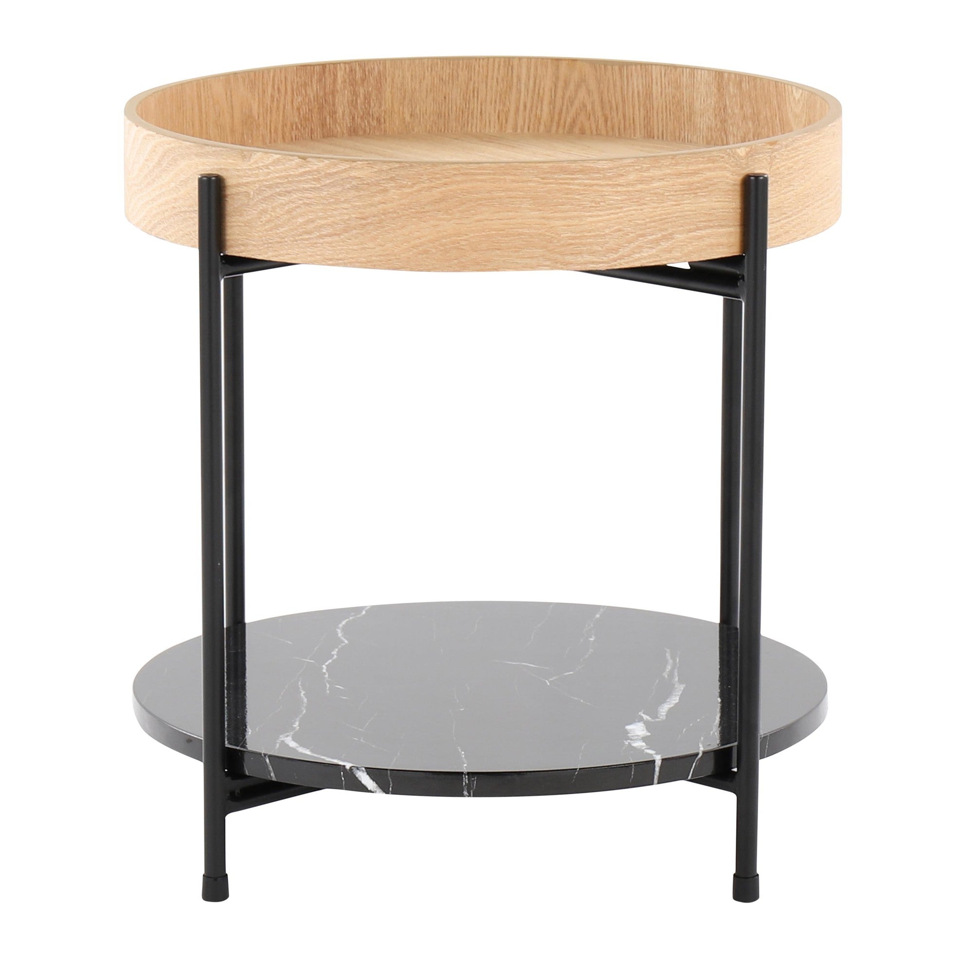 Daniella End Table - Black Metal, Natural Wood, Black Marble