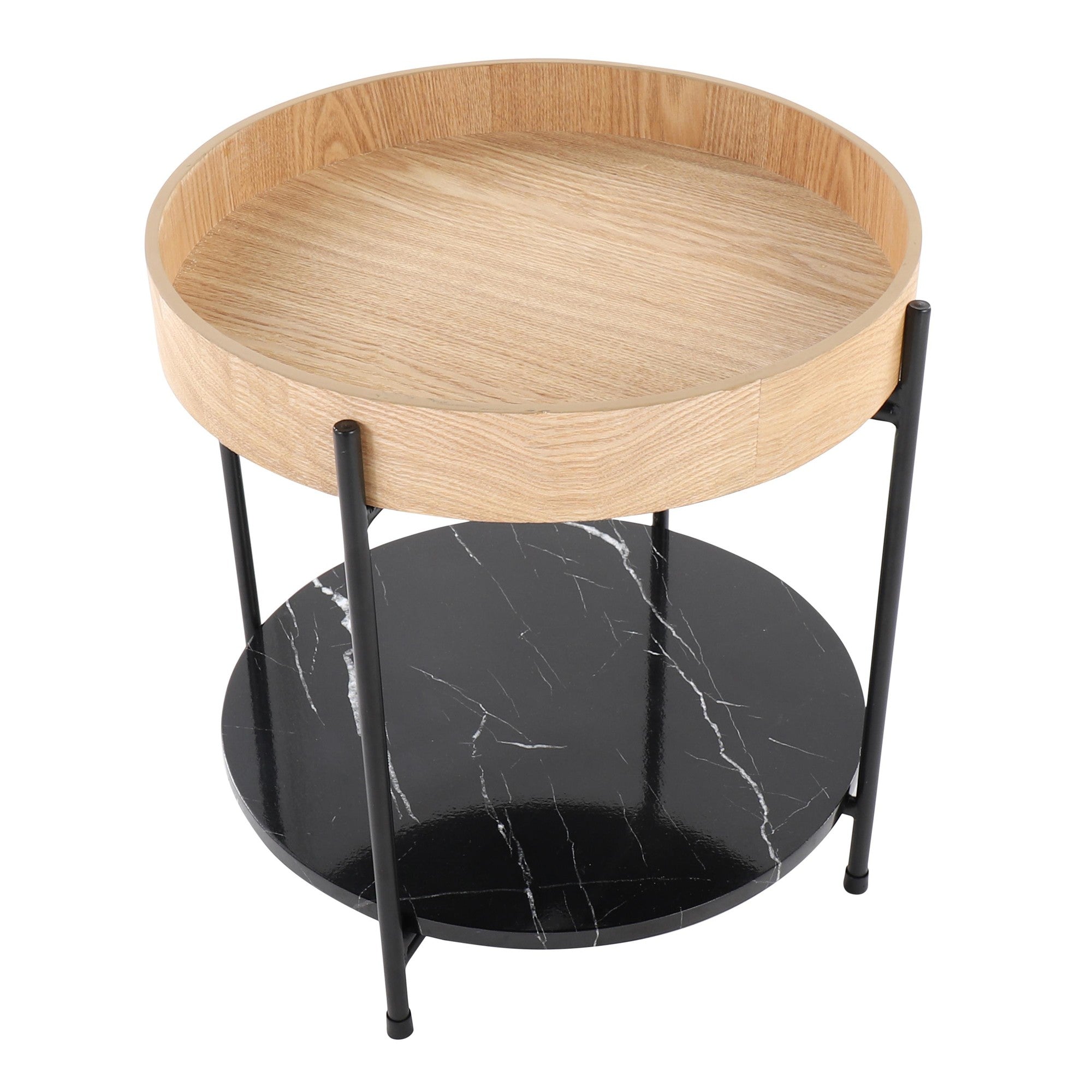 Daniella End Table - Black Metal, Natural Wood, Black Marble