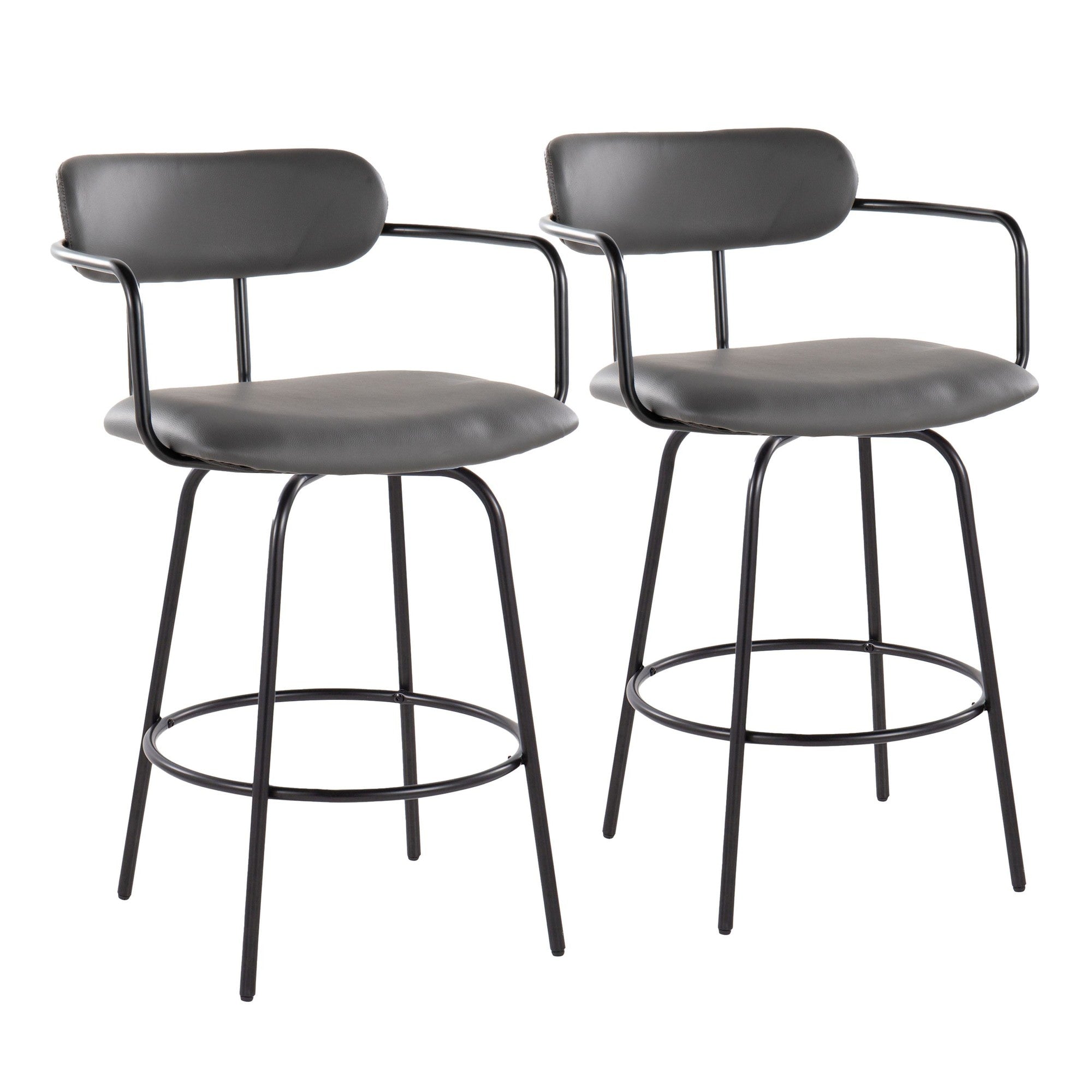 Demi 26" Fixed-Height Counter Stool - Set of 2 - Black Metal , Grey PU