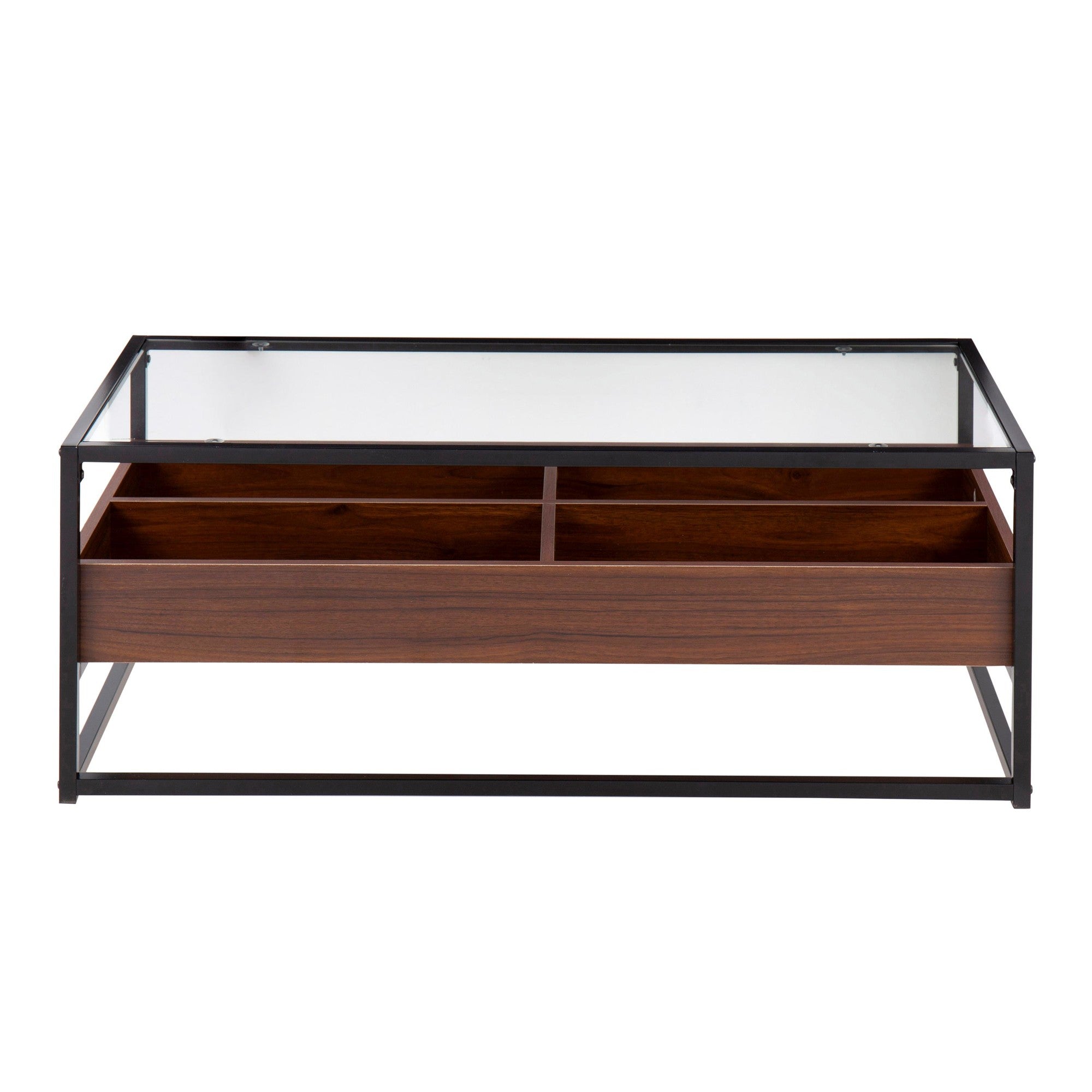 Display Coffee Table - Black Steel, Walnut Wood, Clear Glass