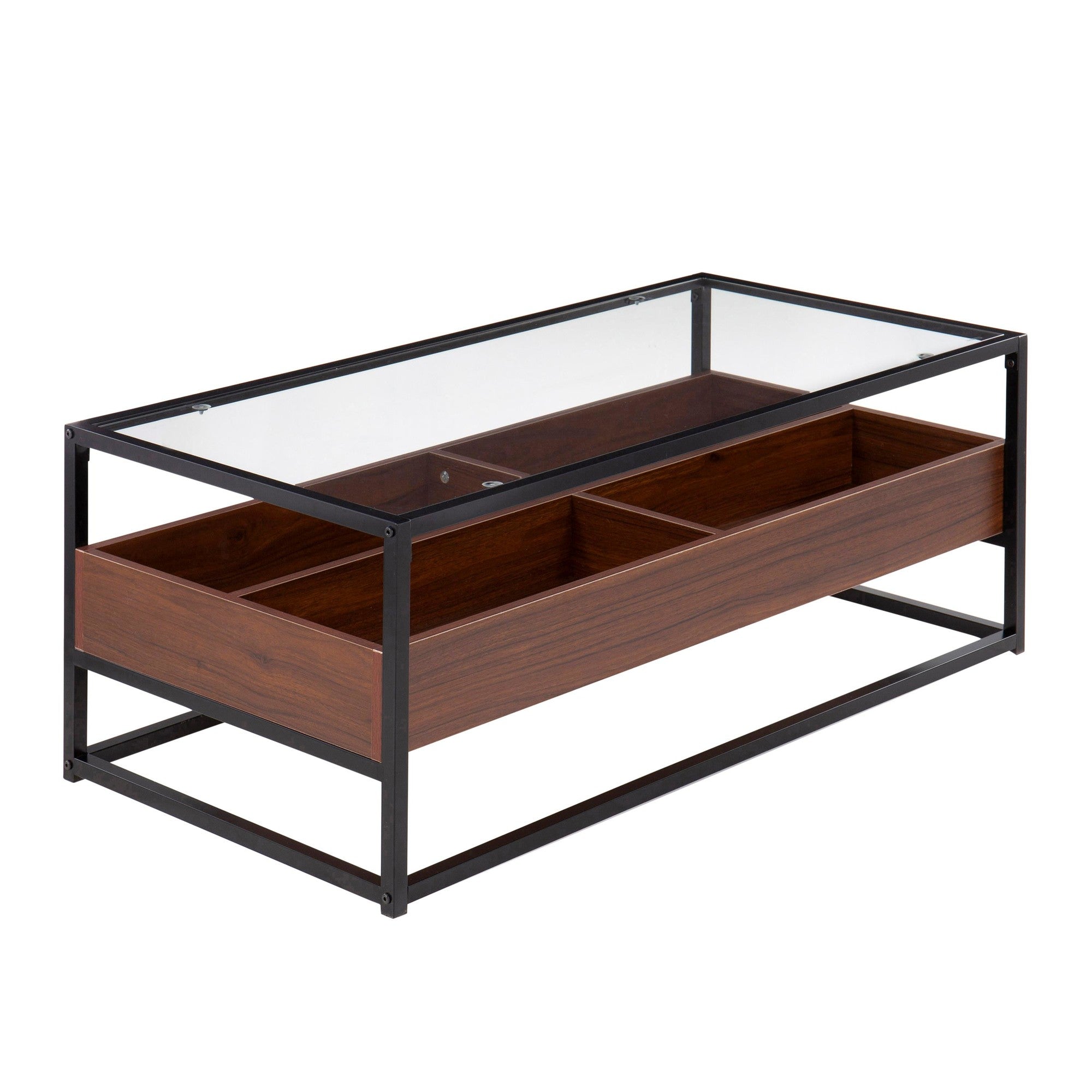 Display Coffee Table - Black Steel, Walnut Wood, Clear Glass
