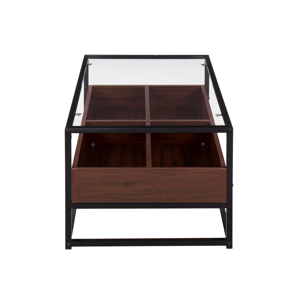 Display Coffee Table - Black Steel, Walnut Wood, Clear Glass