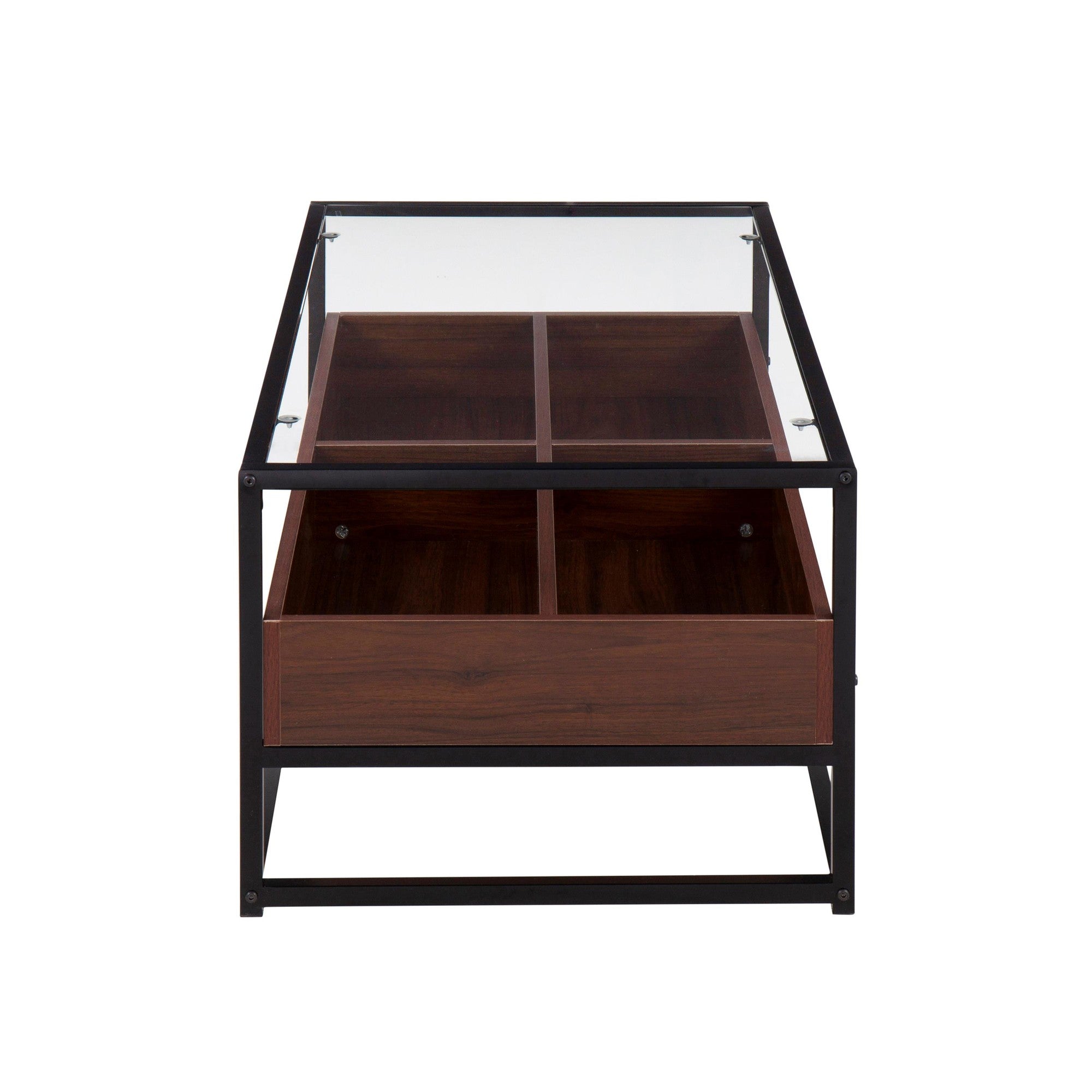 Display Coffee Table - Black Steel, Walnut Wood, Clear Glass