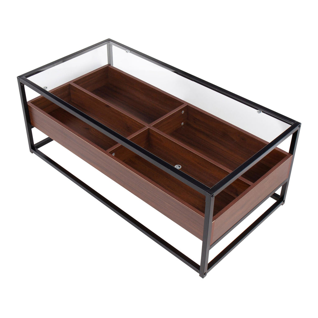 Display Coffee Table - Black Steel, Walnut Wood, Clear Glass