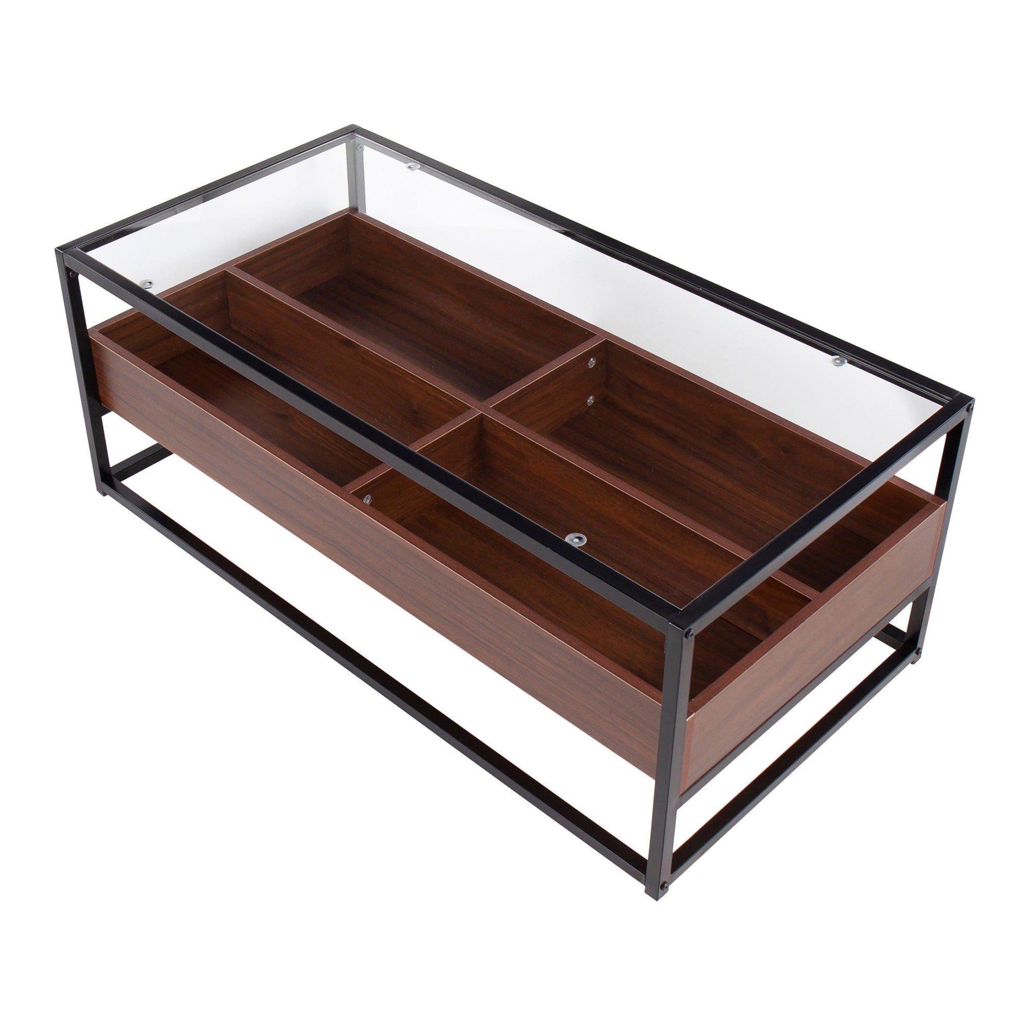 Display Coffee Table - Black Steel, Walnut Wood, Clear Glass