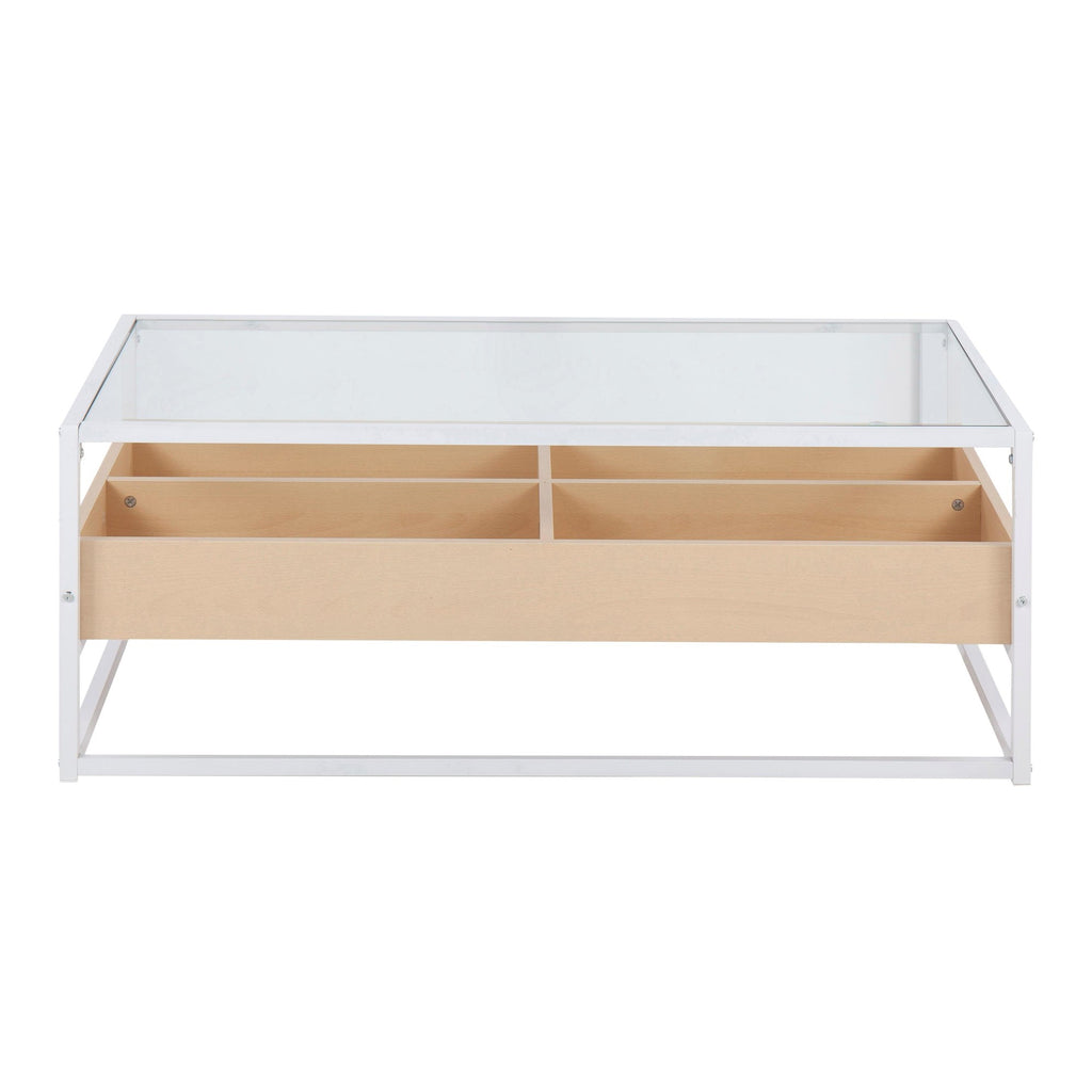 Display Coffee Table - White Steel, Natural Wood, Clear Glass