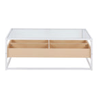 Display Coffee Table - White Steel, Natural Wood, Clear Glass