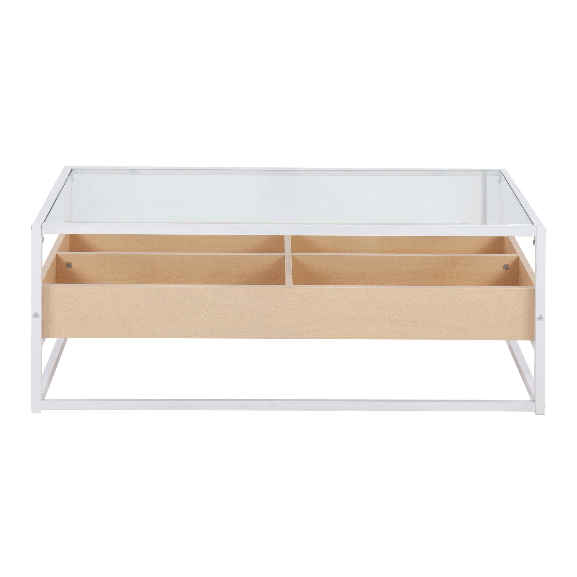 Display Coffee Table - White Steel, Natural Wood, Clear Glass