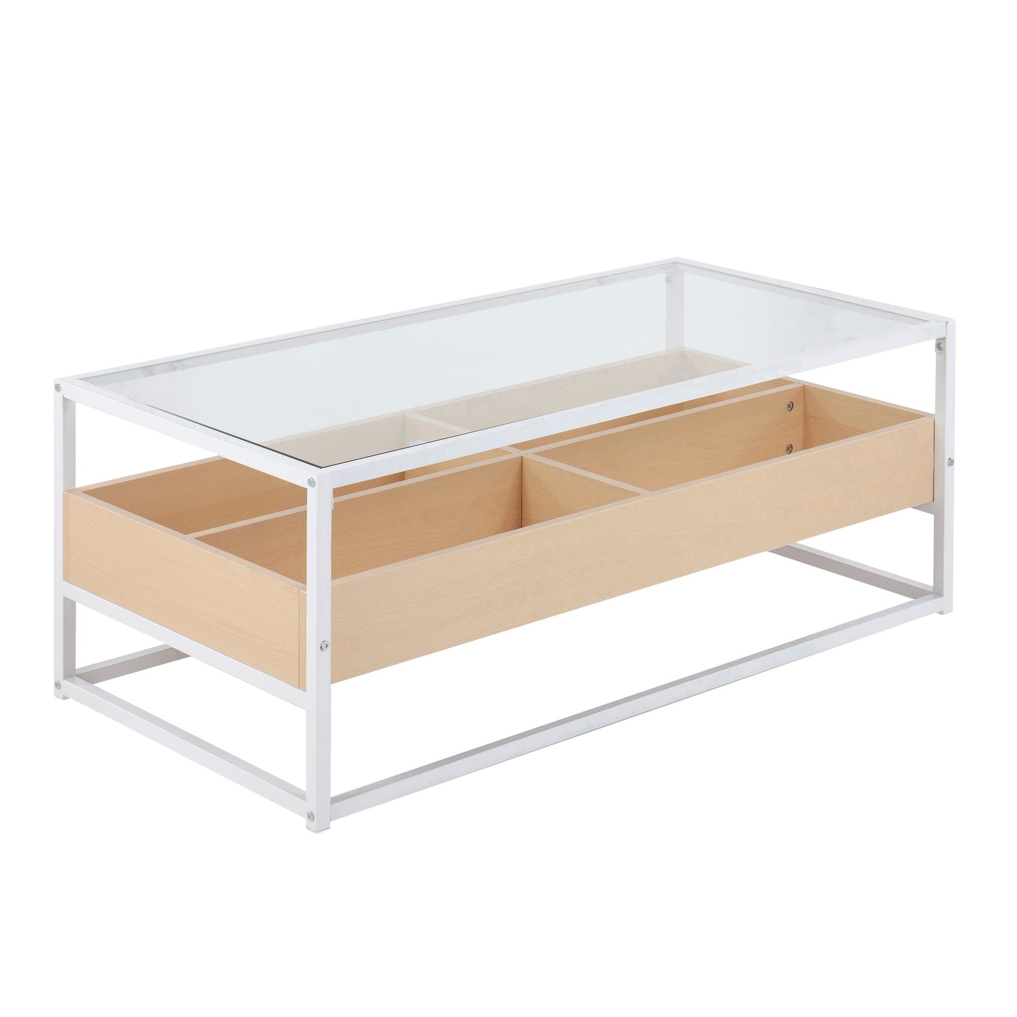 Display Coffee Table - White Steel, Natural Wood, Clear Glass