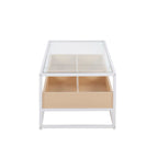 Display Coffee Table - White Steel, Natural Wood, Clear Glass