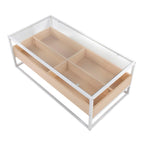 Display Coffee Table - White Steel, Natural Wood, Clear Glass