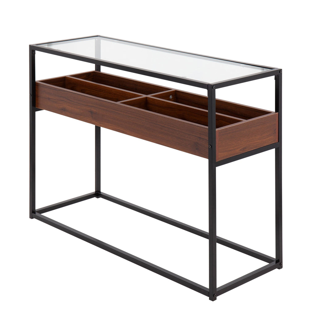 Display Console Table - Black Steel, Walnut Wood, Clear Glass