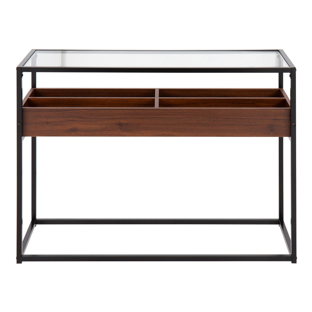 Display Console Table - Black Steel, Walnut Wood, Clear Glass