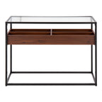 Display Console Table - Black Steel, Walnut Wood, Clear Glass